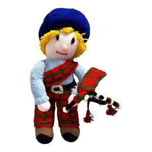 Handmade Scottish Bagpiper Knit Doll With Red Tartan Outfit & Blue Beret Vintage